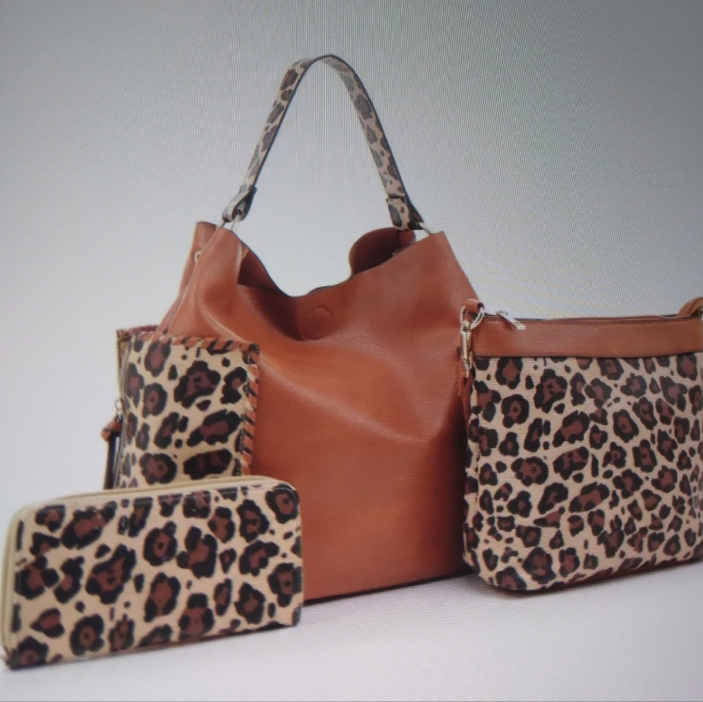 Braided Edge Pockets Leopard print 3-in-1 Shoulder Bag Set.